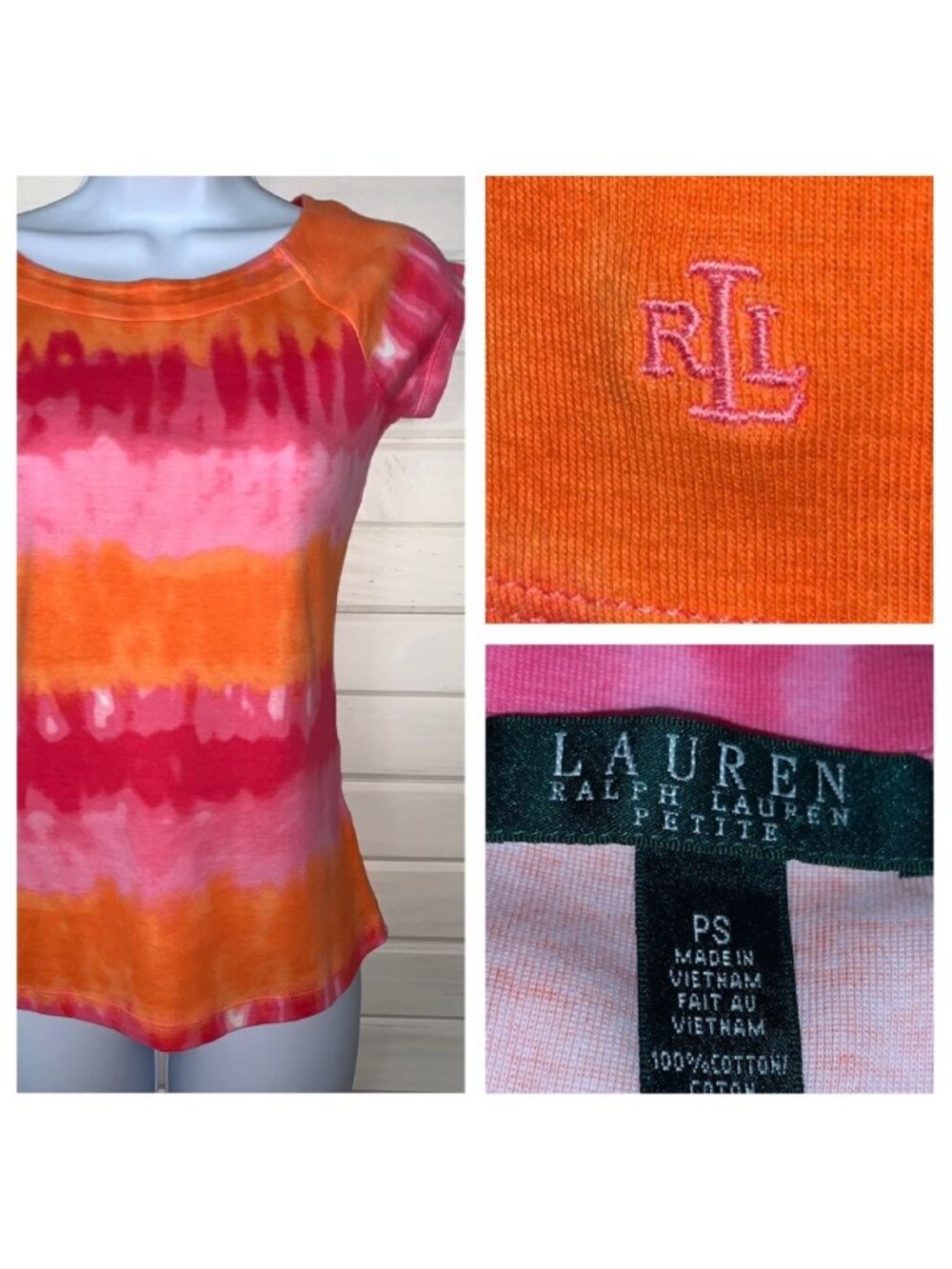 Ralph Lauren LRL Sz PETITES SMALL PS Tie Dye Knit Top Orange Pink Logo EUC